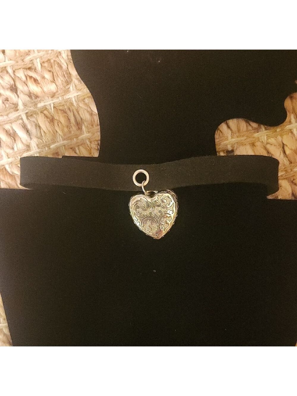 Black Velvet Whimsical Goth Choker Necklace with Silver Heart Locket Pendant